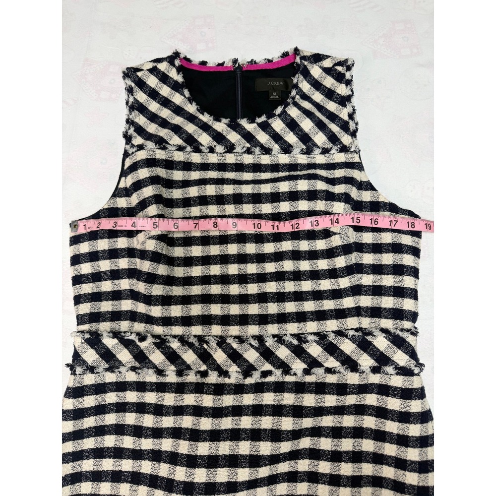 J.Crew Navy White Gingham Tweed Fringe Shift Dress Womens 12 Sleeveless Mini - Picture 4 of 7